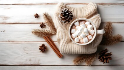 Naklejka premium Cozy hot chocolate mug with marshmallows and cinnamon sticks on a knitted sweater with fir cones. Generative AI