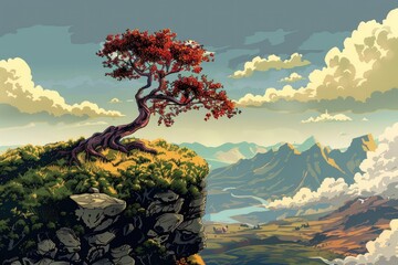A lone tree with red foliage perched on a cliff overlooking a vast valley with mountains and clouds