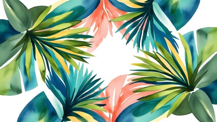 Tropical palm leaves, large fronds, flat design, top view, summer vibes theme, water color, Tetradic color scheme
