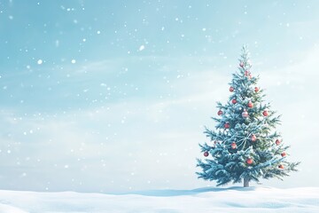 Obraz premium A Christmas tree with toys on a snowy background. This image represents the concept of Christmas and the New Year.