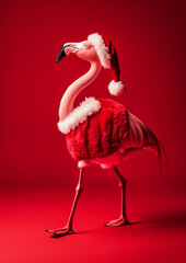 A pink flamingo wearing a Santa Claus suit, walking against a red background.Minimal creative Christmas fashion holiday concept.Copy space.