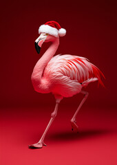 A pink flamingo wearing a Santa Claus suit, walking against a red background.Minimal creative Christmas fashion holiday concept.Copy space.