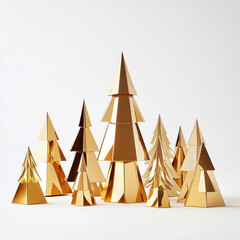 A set of gold Christmas tree figurines made of glass in the shape of triangles, against a white background.