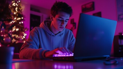A young man works on his laptop in a dimly lit room, bathed in pink and blue light