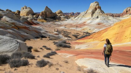 Female Hiker Explores the Majestic Beauty of a Colorful Desert Landscape with Unique Rock Formations