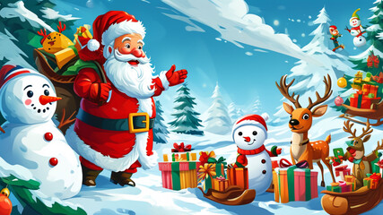 A cheerful illustration featuring Santa Claus, a snowman, Rudolph the red-nosed reindeer, and elves carrying gifts, set against a snowy backdrop with bright, playful colors