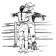 Pen drawing of A young woman with a braided pony tail is dressing a scarecrow, putting a cowboyhat on its head. She is dressed in denim and high heeled boots. Hand drawn illustration.