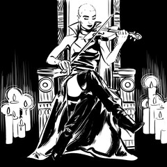 Vampire character playing the violin on a throne, surrounded by candles. Dark mood illustration with a femme fatale, buzz cut, wearing a slit gown with thigh high boots, sinister vibes of evil, death 
