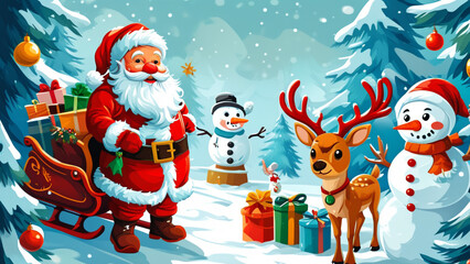 A cheerful illustration featuring Santa Claus, a snowman, Rudolph the red-nosed reindeer, and elves carrying gifts, set against a snowy backdrop with bright, playful colors