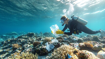 Conservationist gently picking up plastic waste and marine debris from a coral reef underwater with soft natural lighting illuminating the scene  Environmental conservation and ocean cleanup concept