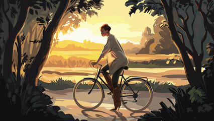 During golden hour a young woman is cycling on her bicycle on a dirt road alongside wheat fields and woods. She is enjoying nature and the magical light. Illustration in painterly style. 