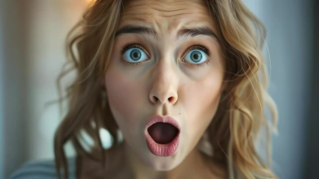 A young woman with blonde hair looks surprised or shocked, with wide eyes and an open mouth.