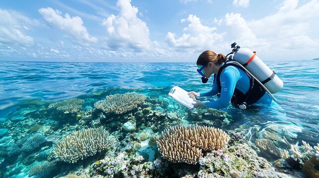 Researcher Examining Coral Health in Marine Sanctuary with Soft Natural Light Creating Peaceful Underwater Scene Scientific and Conservation of Coral Reef Ecosystem - Powered by Adobe