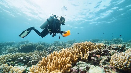 Diver swimming underwater carefully collecting samples from a vibrant and diverse coral reef ecosystem with soft sunlight illuminating the colorful marine life in the background