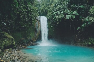Breathtaking Tranquility: A Serene Waterfall in a Lush Green Forest