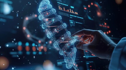 Close-up of a DNA strand with a digital interface displaying genetic markers and data, with a doctor examining the molecule. High-resolution, ideal for use in medical and genetic science content