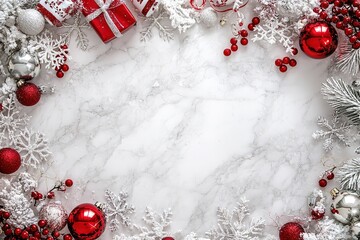 Christmas background with white marble texture, silver and red Christmas decorations around the edges of the frame. Gifts in gray boxes on an empty table