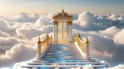 staircase and gate in heaven in the clouds, symbol of paradise
