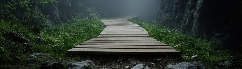 Fototapeta premium A serene wooden pathway winding through a lush, misty forest, inviting a sense of adventure and tranquility.