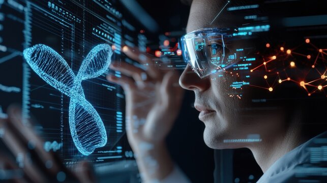 Conceptual image of a doctor using AI tools to analyze DNA molecules, with futuristic data points and graphics surrounding the DNA