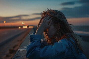 Emotional Girl in Contemplation at Sunset by the Sea with Shallow Focus and Wide Angle View Capturing Deep Feelings and Vibrant Colors in the Evening Sky