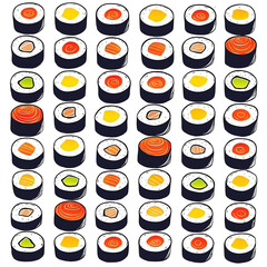 A pattern of sushi rolls in different shapes and sizes, arranged neatly on a white background, in the style of a vector illustration
