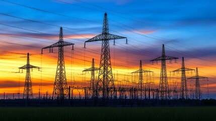 Power Grid at Sunset Electrical Substation, Transmission Towers, and Energy Infrastructure