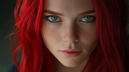 studio portrait of a beautiful woman with long straight red hair