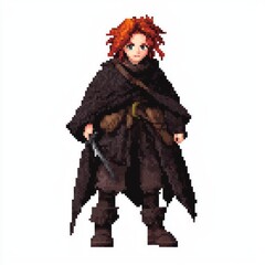 Pixelated 8-Bit NPC Female Character Model of Cunning Thief with Dagger Strapped to Thigh in Dark Cloak on White Background
