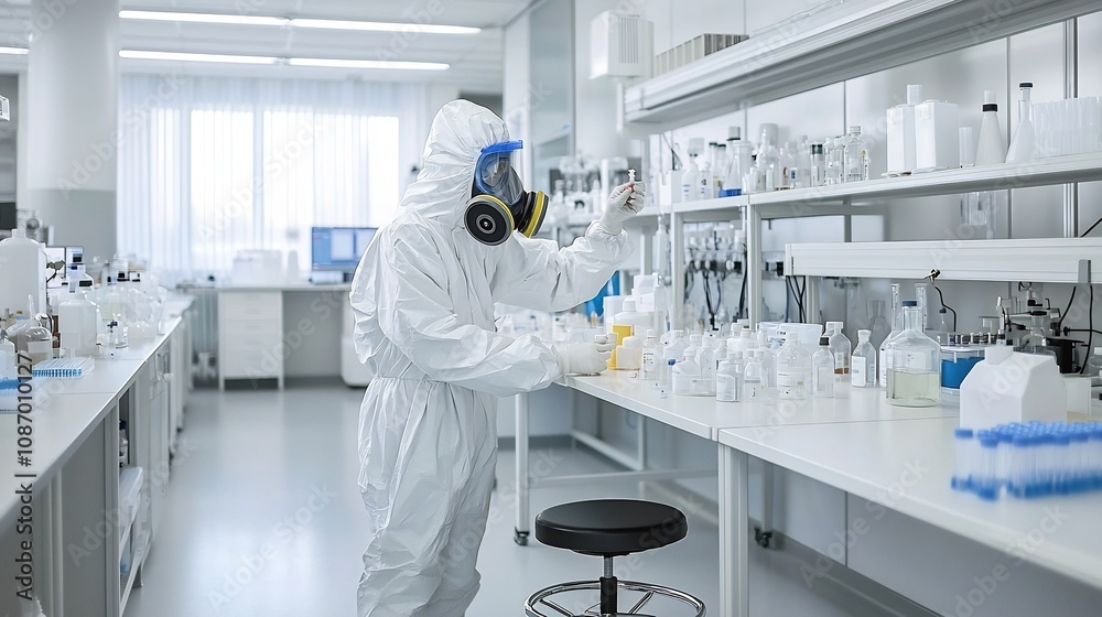 Aufkleber scientist in white protective suit and gas mask carefully testing chemicals in controlled secure lab