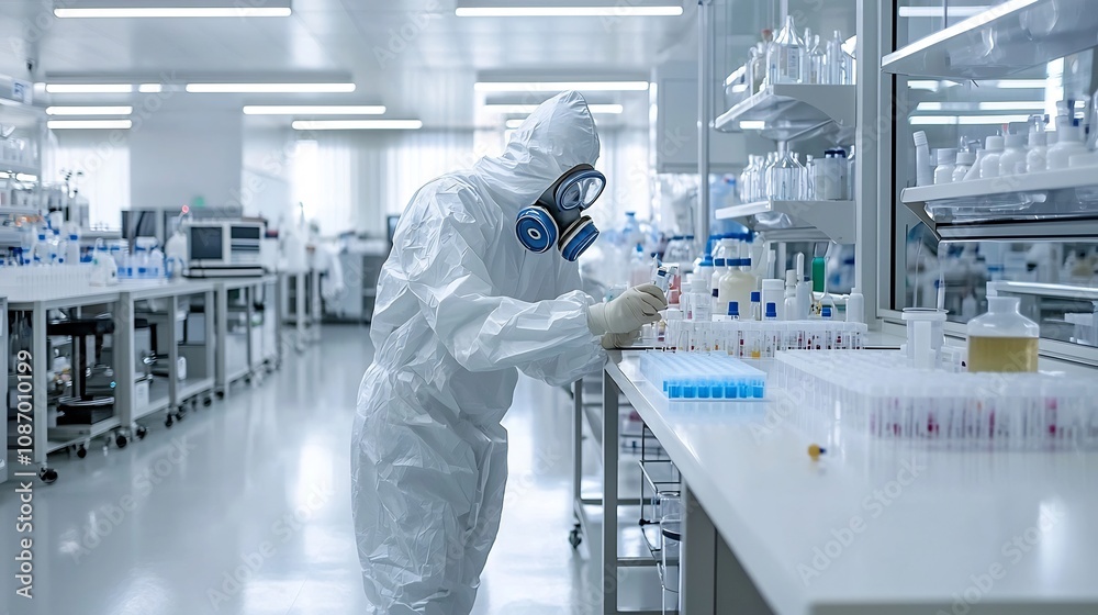 Poster portrait of a professional scientist wearing a white protective suit and gas mask carefully examinin