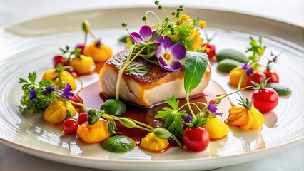 Obraz premium Exquisite Gourmet Dish Artfully Arranged on White Plate with Rich Sauce and Delicate Garnishes for Celebrating Special Moments in Fine Dining Experience