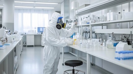 Naklejka premium Scientist in White Protective Suit and Gas Mask Carefully Testing Chemicals in Controlled Secure Laboratory Environment for Scientific Research and Discovery
