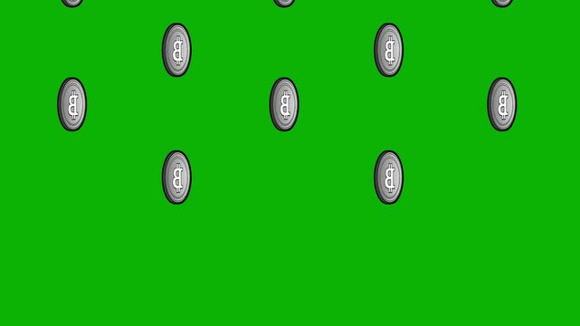 Lots of Bitcoin coins moving or faling down on the green screen