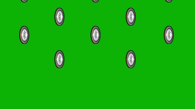 Lots of Bitcoin coins moving or faling down on the green screen