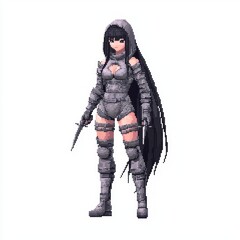 Fototapeta premium Digital Assassin - Mysterious 8-Bit NPC Female Character Model in Pixel Outfit Ready for Stealth | Isolated White Background
