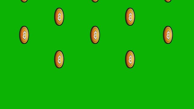 Lots of Bitcoin coins moving or faling down on the green screen