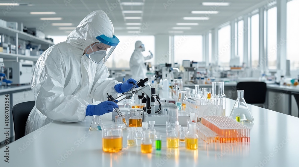 Poster Scientist in full protective gear thoroughly examining and analyzing chemical samples using advanced scientific equipment and instruments in a well equipped modern laboratory setting