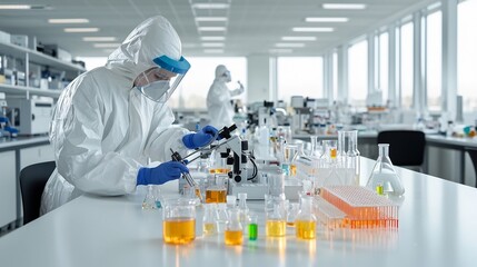 Scientist in full protective gear thoroughly examining and analyzing chemical samples using advanced scientific equipment and instruments in a well equipped modern laboratory setting