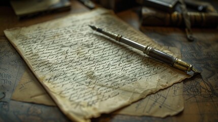 Romantic close-up of a handwritten love letter on aged parchment, accompanied by a pen. Romance, affection, nostalgia, sentimental,Valentine's Day, weddings,anniversaries,love,vintage aesthetics