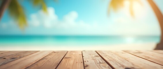 Fototapeta premium Wooden table top and blurred background with summer beach and sky for your product montage