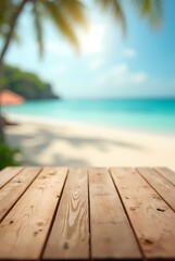 Fototapeta premium Wooden table top and blurred background with summer beach and sky for your product montage