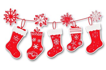 Christmas garland of red icons with stockings and snowflakes, on a white background