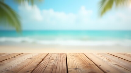 Fototapeta premium Wooden table top and blurred background with summer beach and sky for your product montage