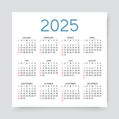 2025 calendar. Calender for year. Planner template. Week starts Sunday. Yearly organizer with 12 month. Scheduler layout. Square design in English. Pocket mockup. Vector illustration.