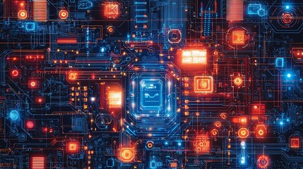 Abstract background with glowing neon circuits and digital patterns in cyberpunk colors, 8k, high detail