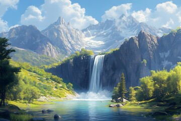 Fototapeta premium Beautiful landscape vector illustration of mountains, forests, fields and meadows. Stunning panoramic farm landscape with mountains in the background. Natural landscape Fantasy landscape a glacier is