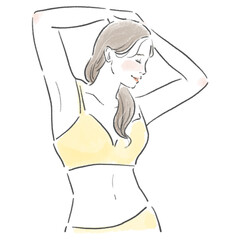 頭の上で手を組んでいるスタイルのいい若い女性の上半身