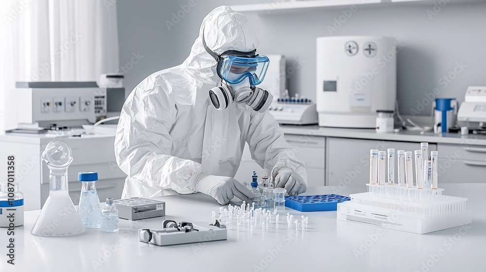 Poster scientist in white hazmat suit and goggles carefully adjusting specialized equipment for a sensitive