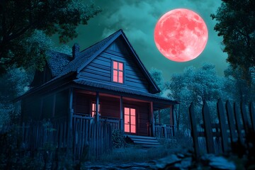 A dark red moon looms over an old wooden house in the woods, in the style of a horror movie. The night sky is a deep green